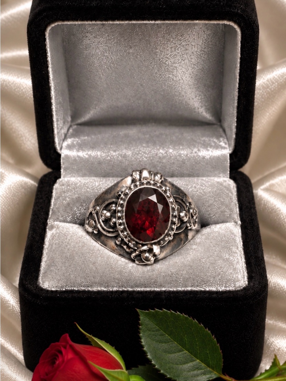 Poison Ring Sterling Silver Red Garnet Statement Ornate Secret Compartment